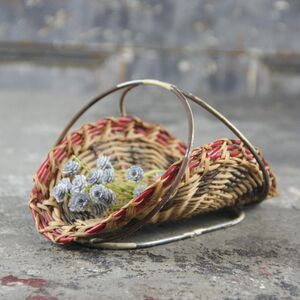 Miniature Gathering Basket, Straw with Metal Holder and Handles, vintage